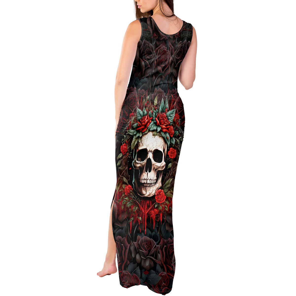 WowTeeWear Shop Skull Tank Maxi Dress Red Rose Wowteewear