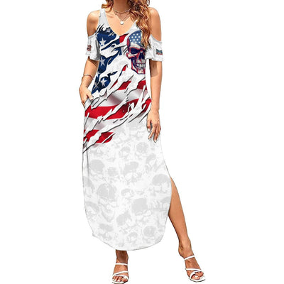 WowTeeWear Shop American Flag Skull Summer Maxi Dress Wowteewear