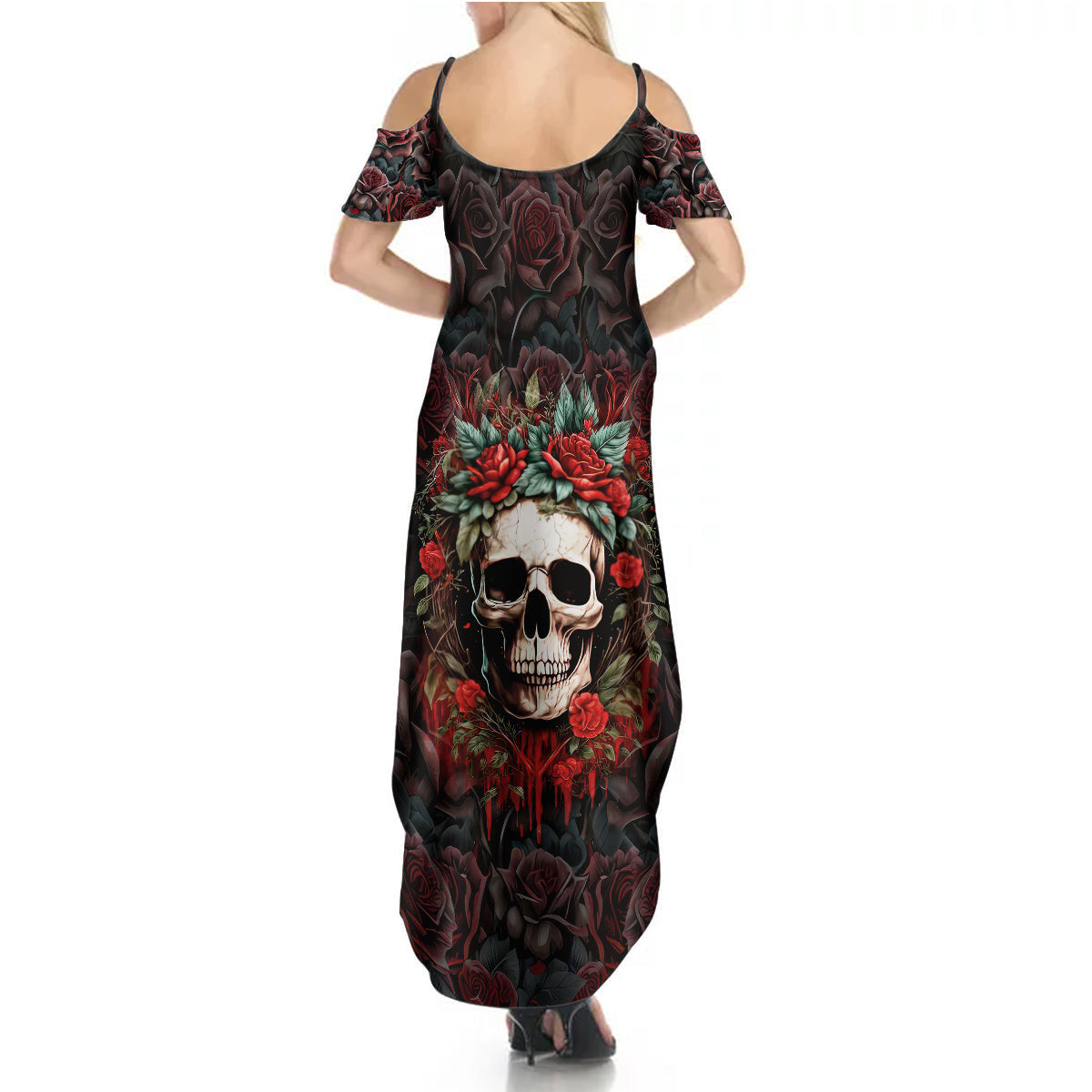 WowTeeWear Shop Skull Summer Maxi Dress Red Rose Wowteewear