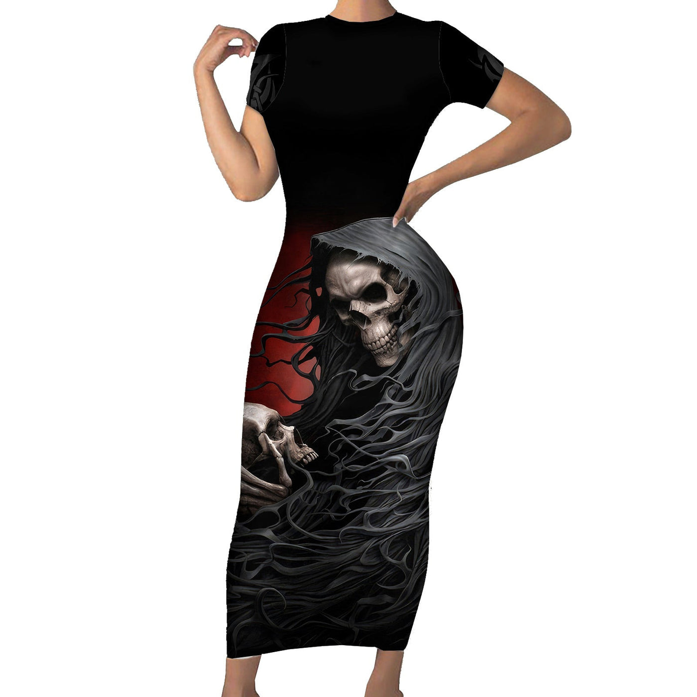 WowTeeWear Skull Short Sleeve Bodycon Dress Death Angel Hold Skull Wowteewear