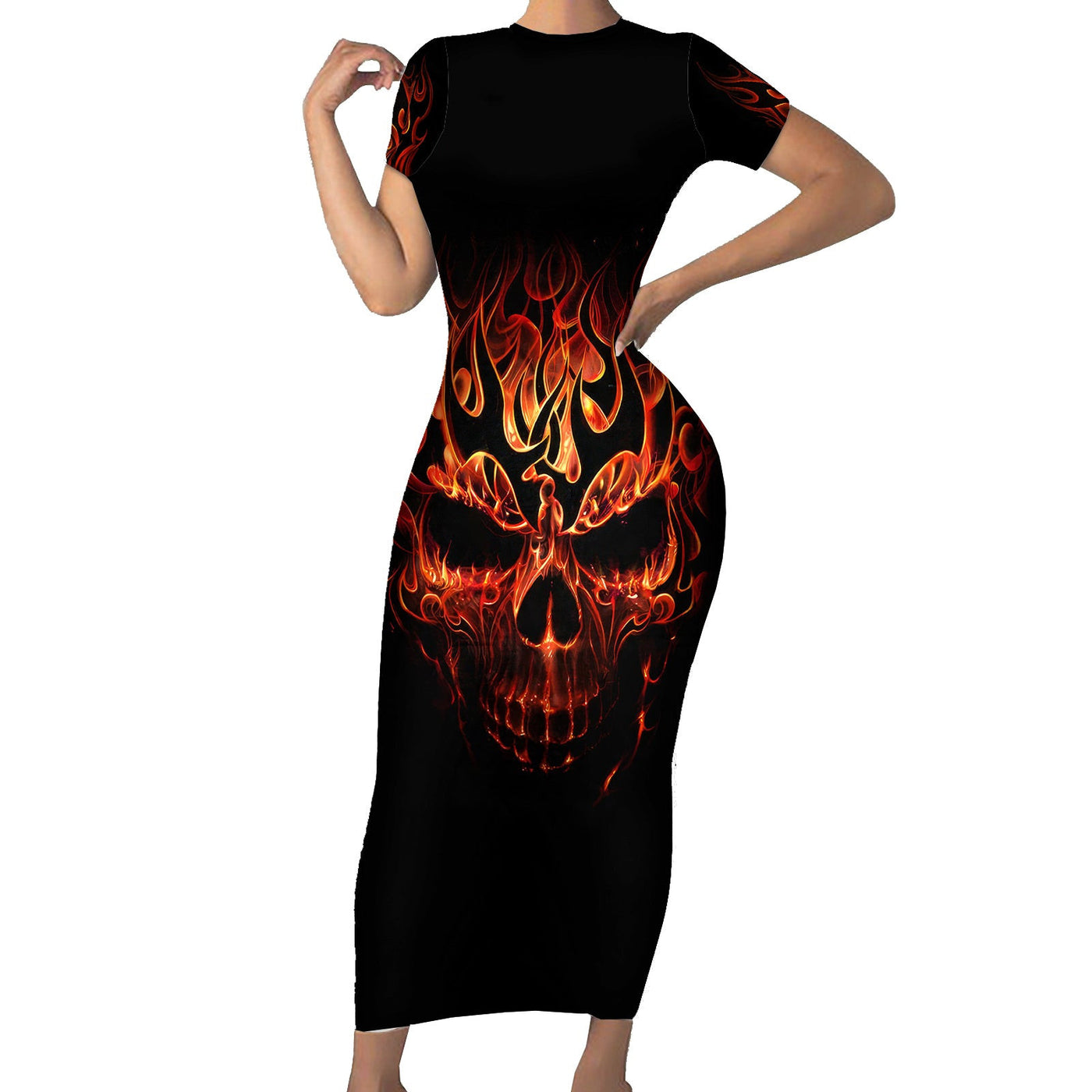 WowTeeWear Skull Short Sleeve Bodycon Dress Fire Skull Tattoo Scream Wowteewear