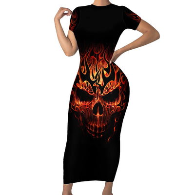 WowTeeWear Skull Short Sleeve Bodycon Dress Fire Skull Tattoo Scream Wowteewear