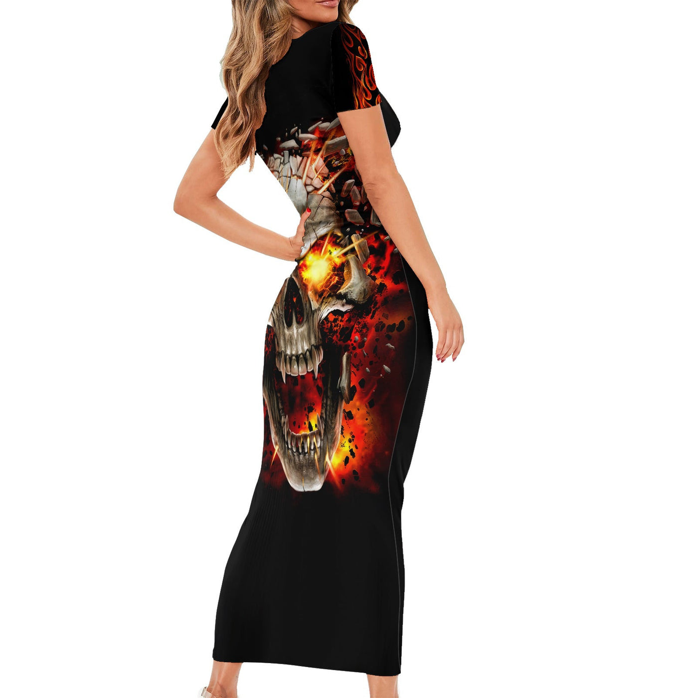 WowTeeWear Skull Short Sleeve Bodycon Dress Fire Skull Tattoo Scream Wowteewear