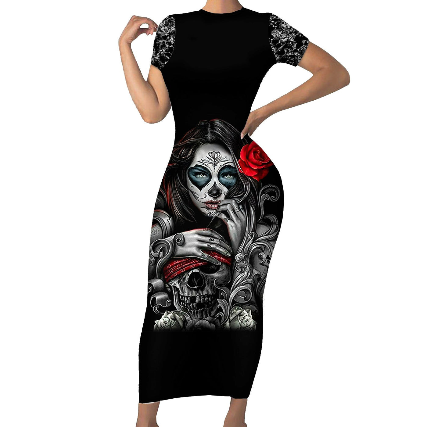 WowTeeWear Skull Short Sleeve Bodycon Dress Skull Girl Spoiled Wife Wowteewear