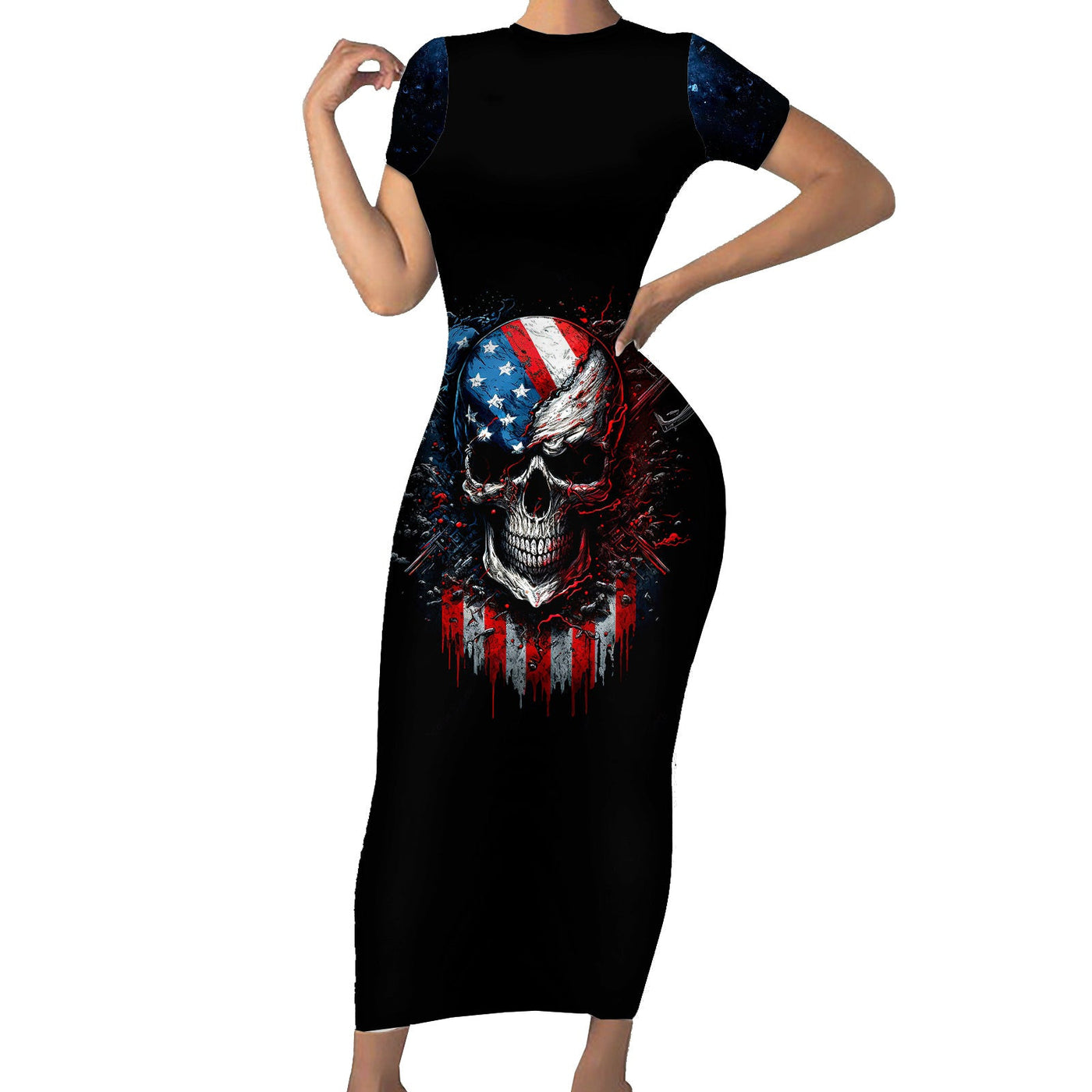 WowTeeWear Vintage Skull Short Sleeve Bodycon Dress American Skull Vintage Wowteewear