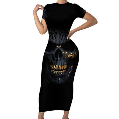 WowTeeWear Skull Short Sleeve Bodycon Dress Golden Skull Gangster Wowteewear