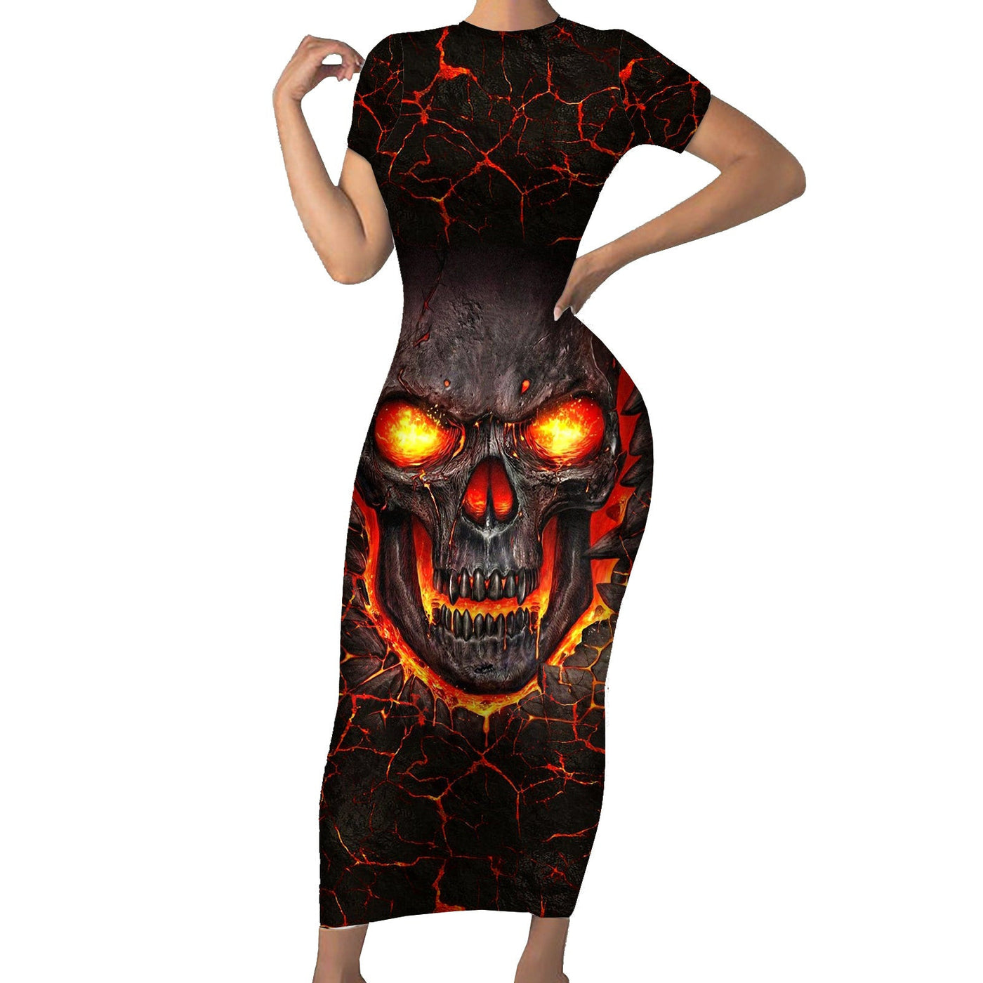 WowTeeWear Skull Short Sleeve Bodycon Dress Flame Skull Lava Inside Wowteewear