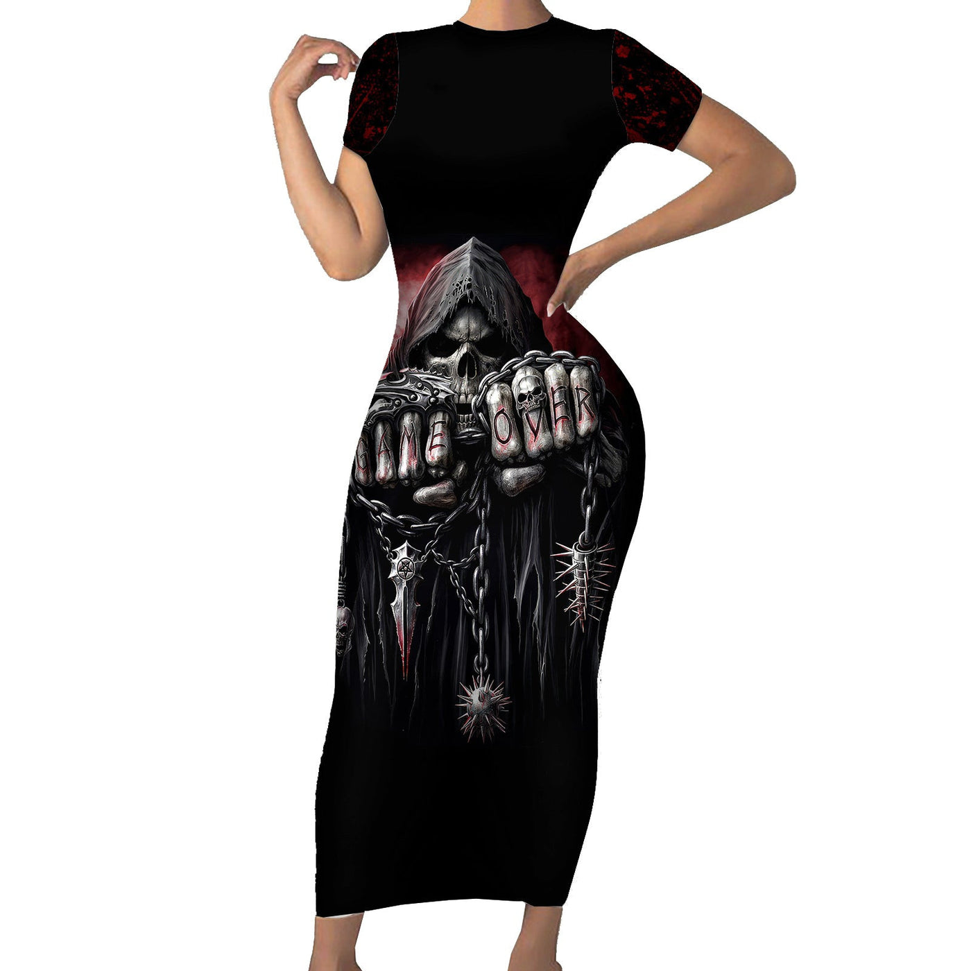 WowTeeWear Skull Short Sleeve Bodycon Dress Death Skull Game Over Wowteewear