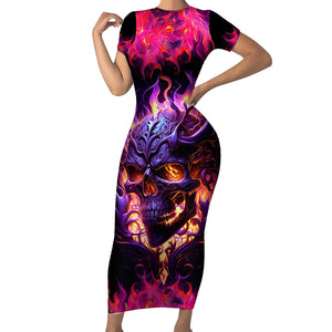 WowTeeWear Skull Short Sleeve Bodycon Dress Purple Skull Fire Wowteewear